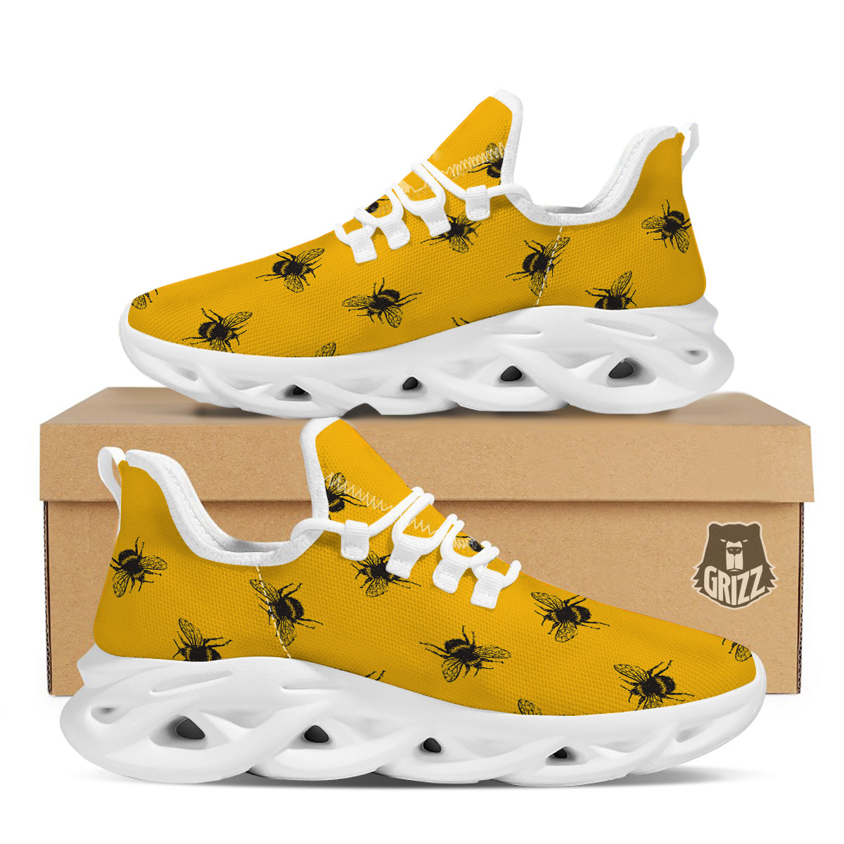 Bee Yellow Print Pattern White Running Shoes-grizzshop