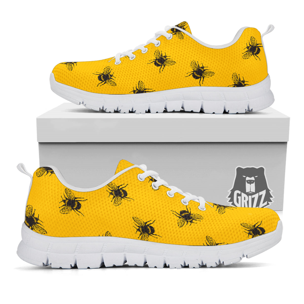 Bee Yellow Print Pattern White Sneaker-grizzshop