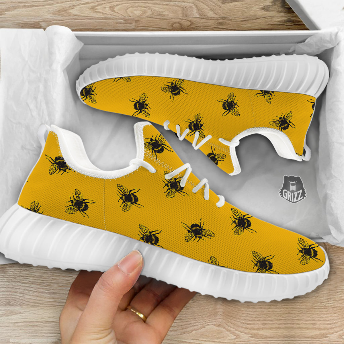 Bee Yellow Print Pattern White Walking Shoes-grizzshop