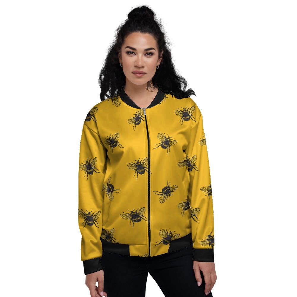Bee Yellow Print Pattern Women's Bomber Jacket-grizzshop