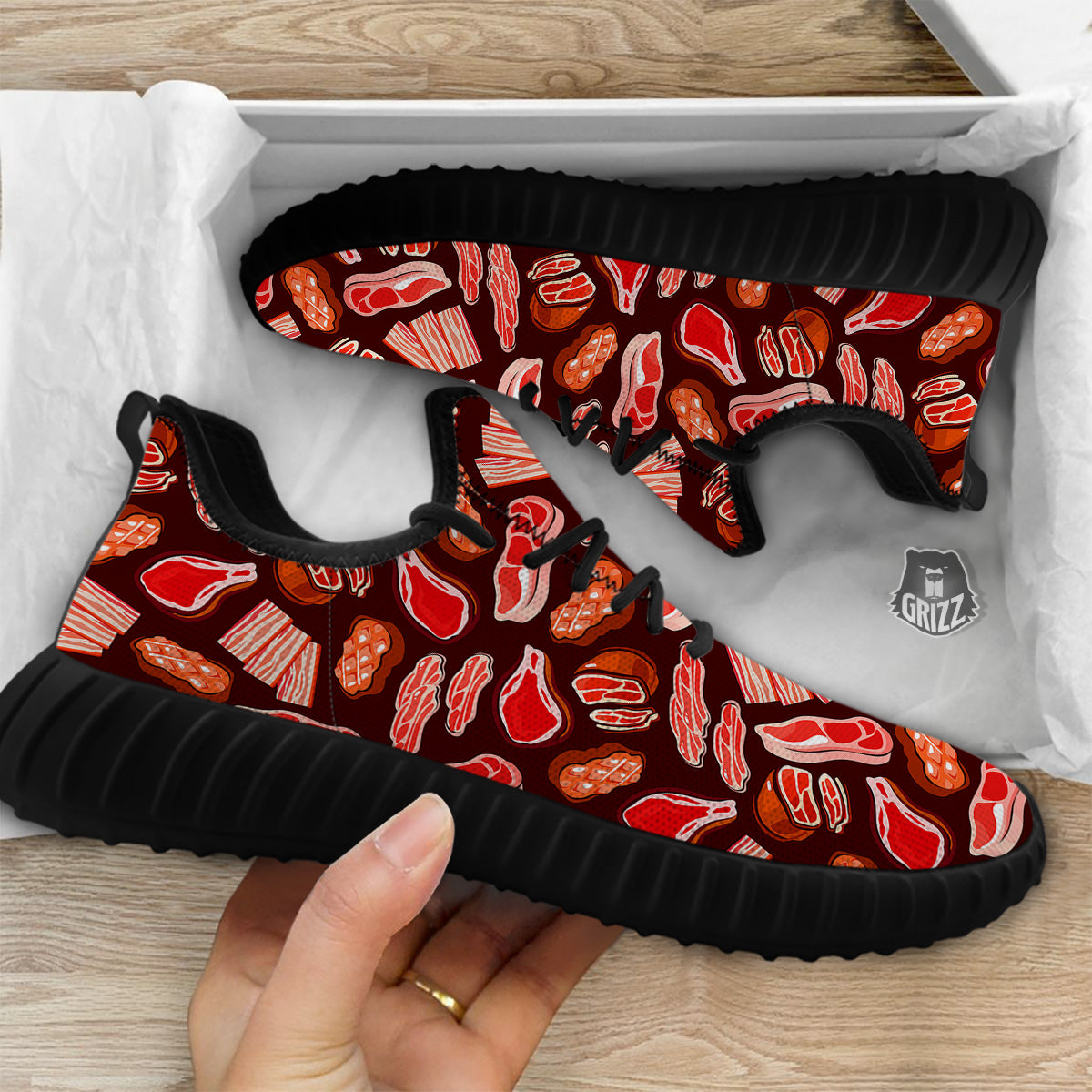 Beef Steaks Print Pattern Black Walking Shoes-grizzshop