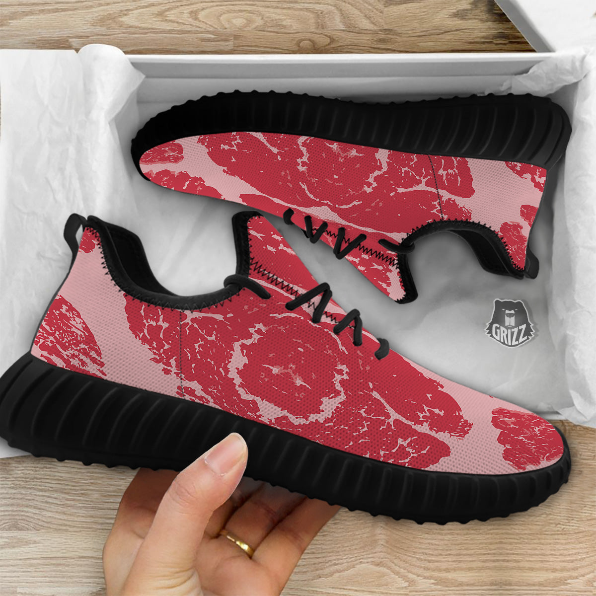 Beef Texture Print Pattern Black Walking Shoes-grizzshop