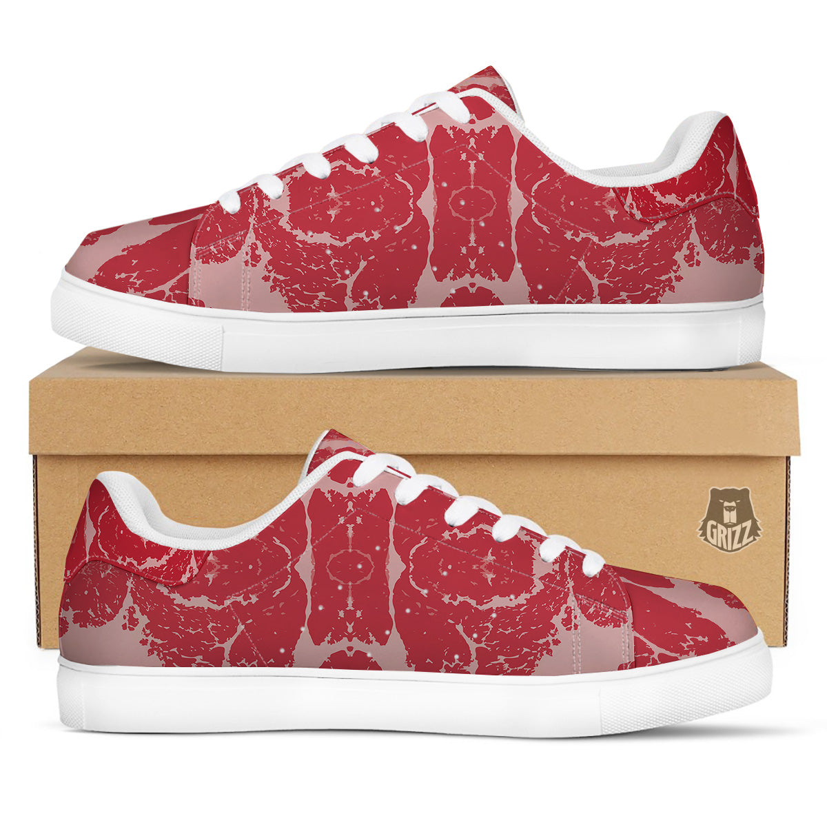 Beef Texture Print Pattern White Low Top Sneakers-grizzshop