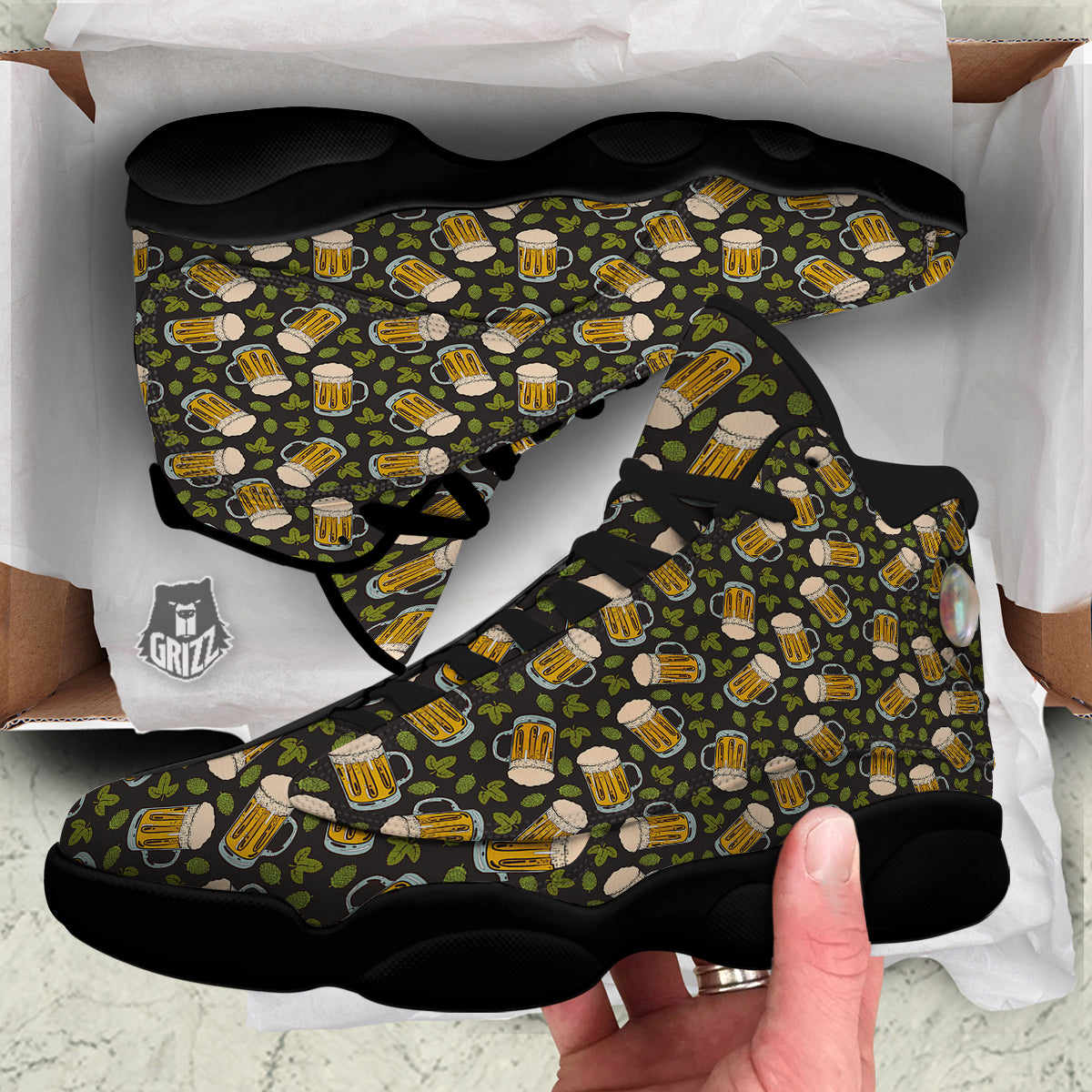 Beer And Hop Cone Leaf Print Pattern Black Basketball Shoes-grizzshop