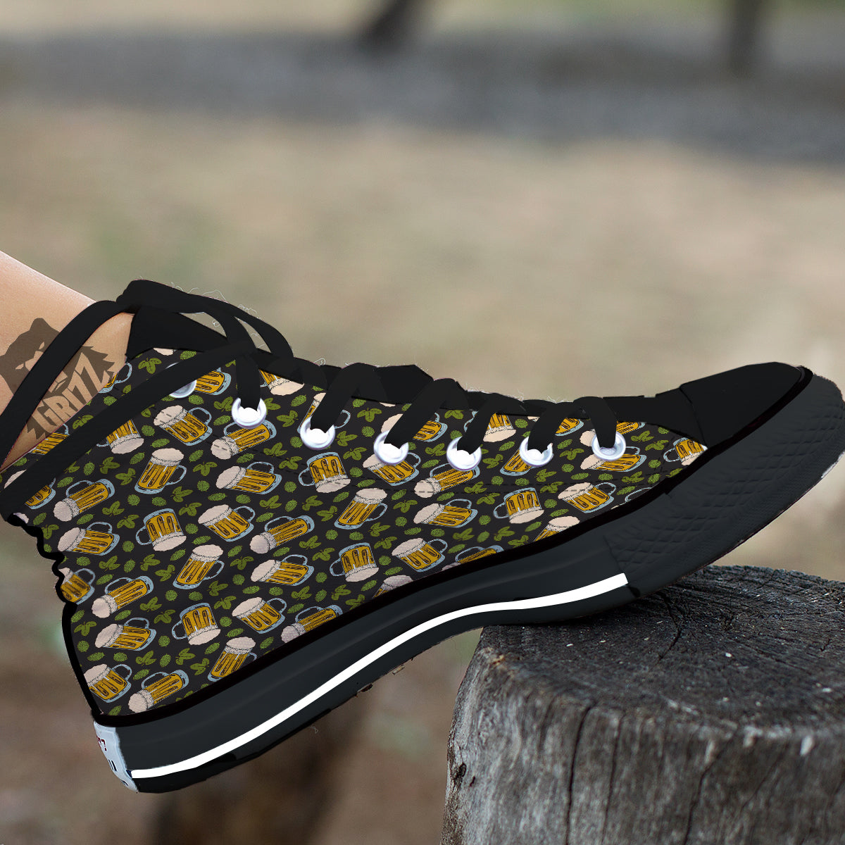 Beer And Hop Cone Leaf Print Pattern Black High Top Shoes-grizzshop