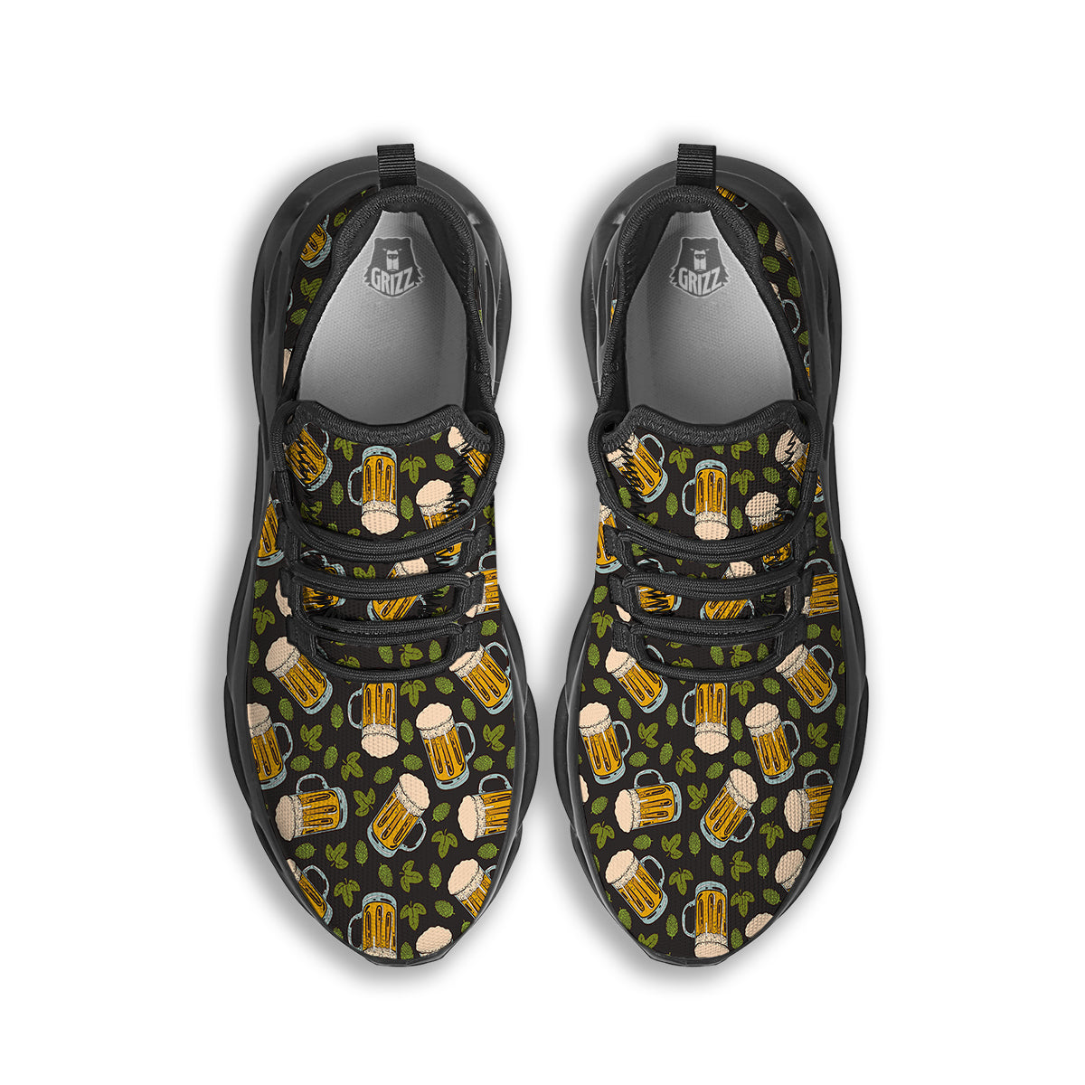 Beer And Hop Cone Leaf Print Pattern Black Running Shoes-grizzshop