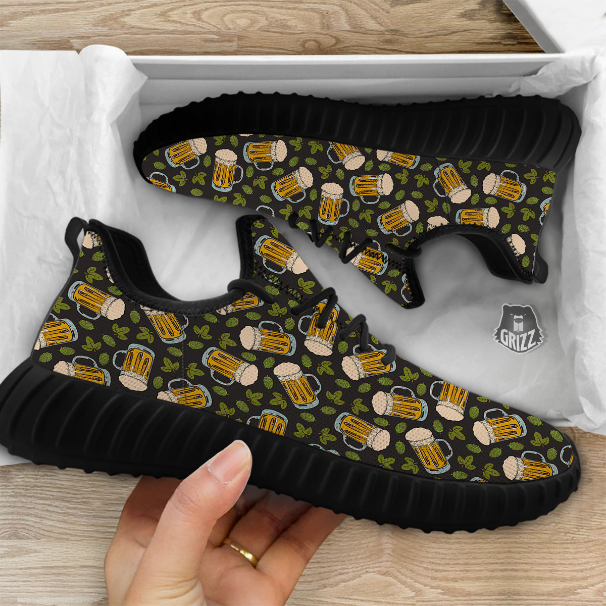 Beer And Hop Cone Leaf Print Pattern Black Walking Shoes-grizzshop