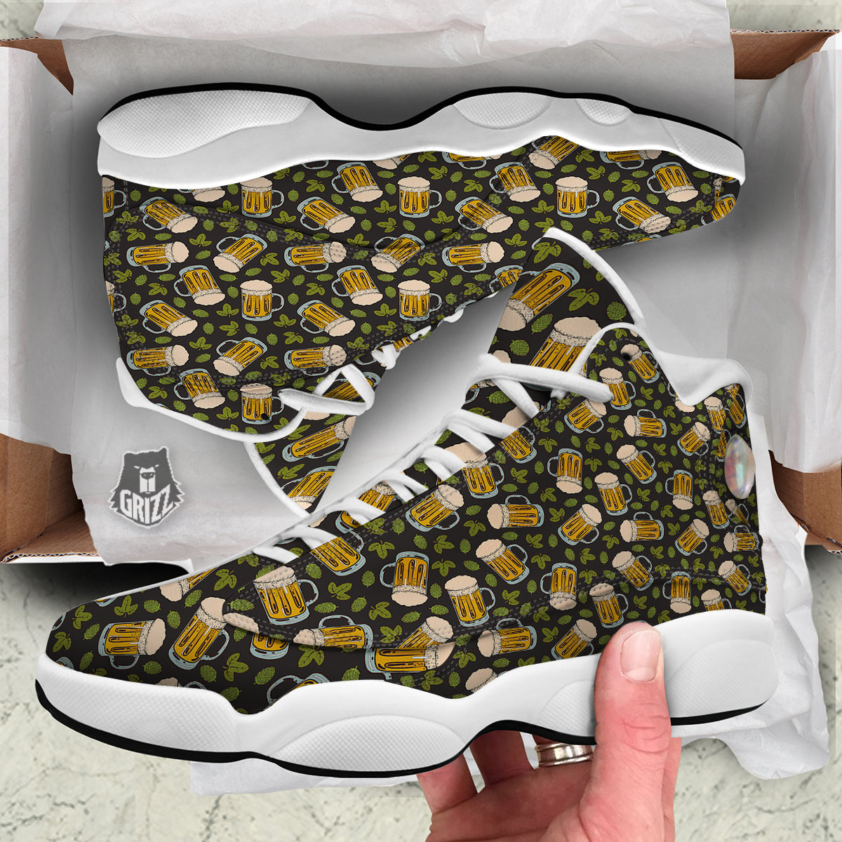 Beer And Hop Cone Leaf Print Pattern White Basketball Shoes-grizzshop