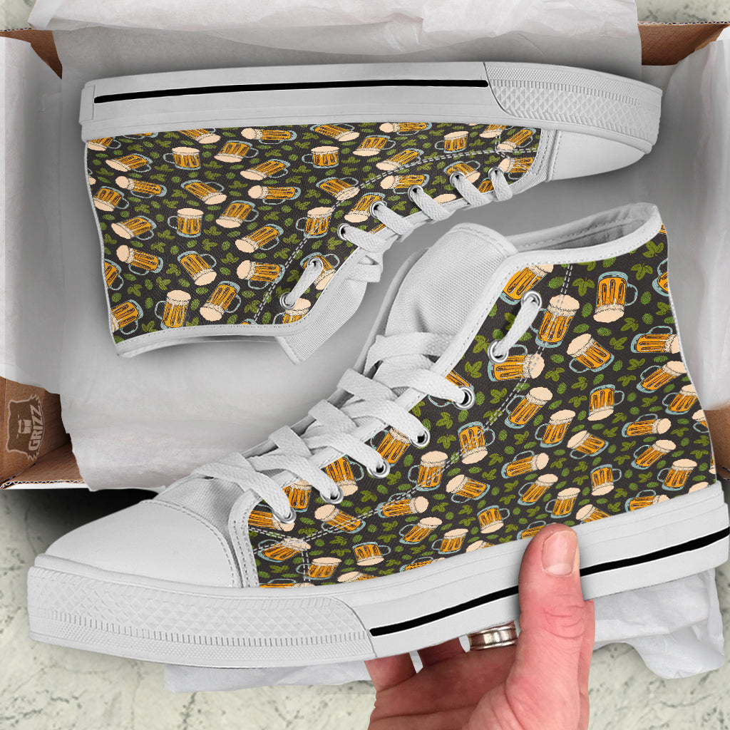 Beer And Hop Cone Leaf Print Pattern White High Top Shoes-grizzshop
