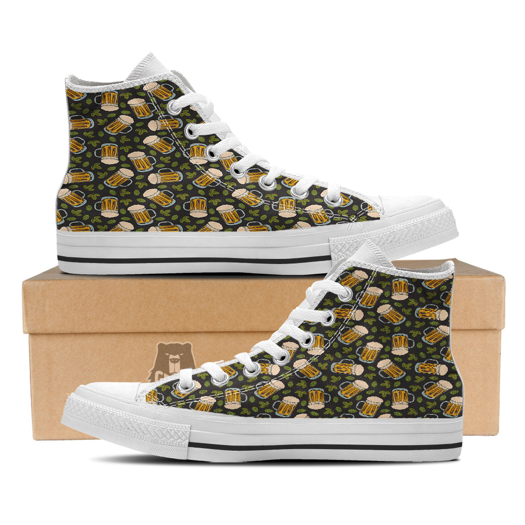 Beer And Hop Cone Leaf Print Pattern White High Top Shoes-grizzshop