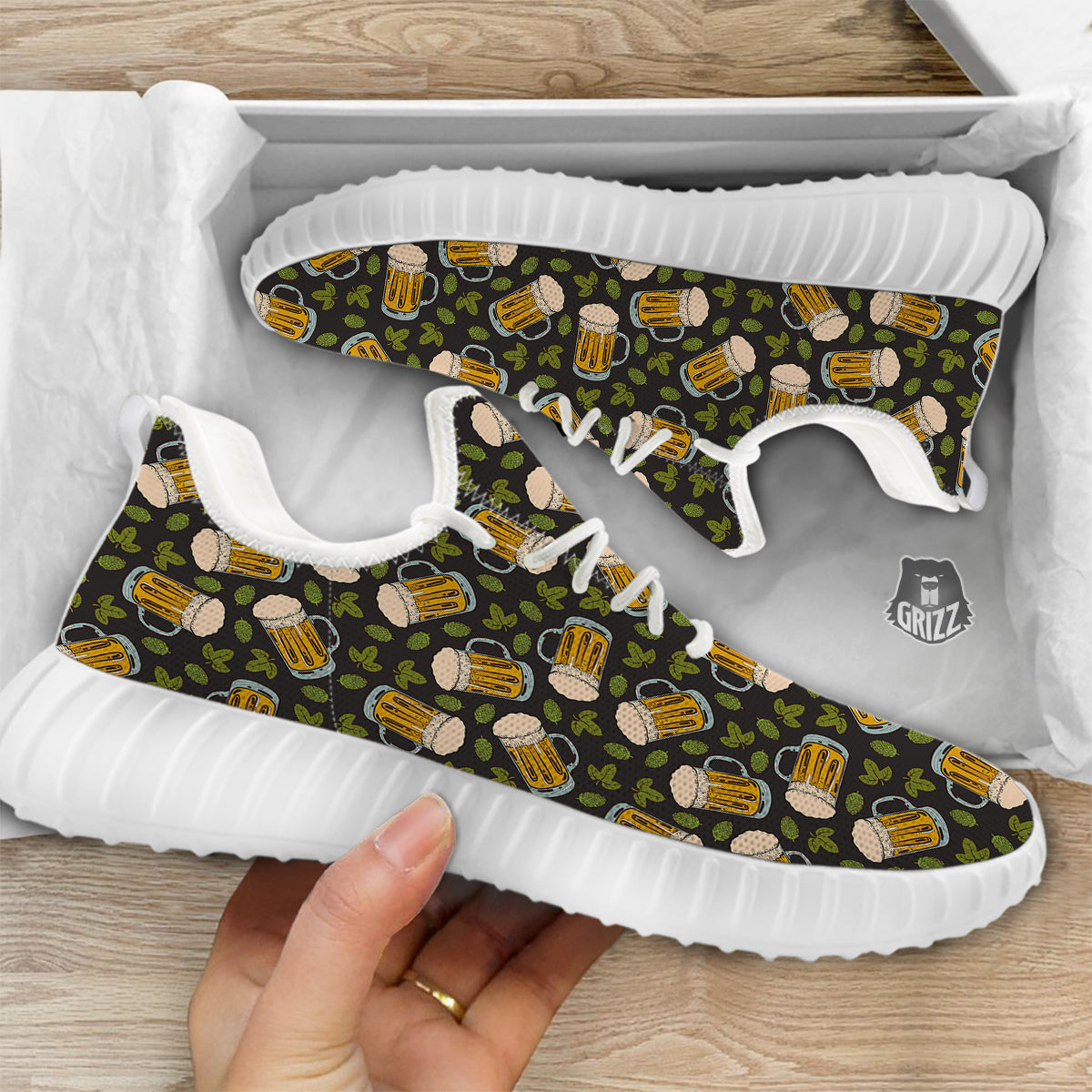Beer And Hop Cone Leaf Print Pattern White Walking Shoes-grizzshop