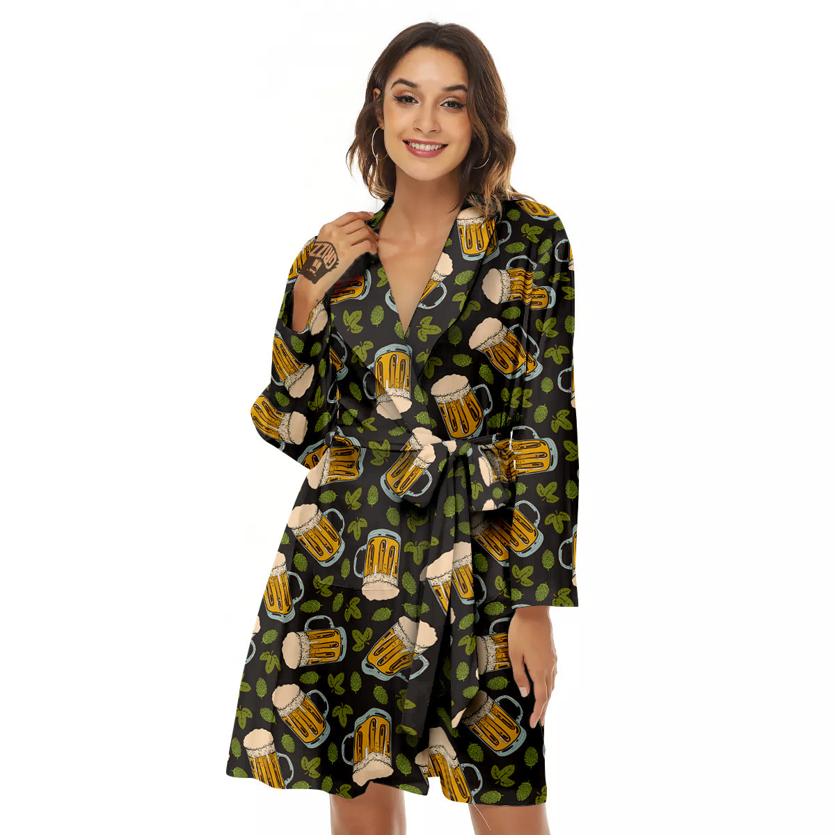 Beer And Hop Cone Leaf Print Pattern Women's Robe-grizzshop