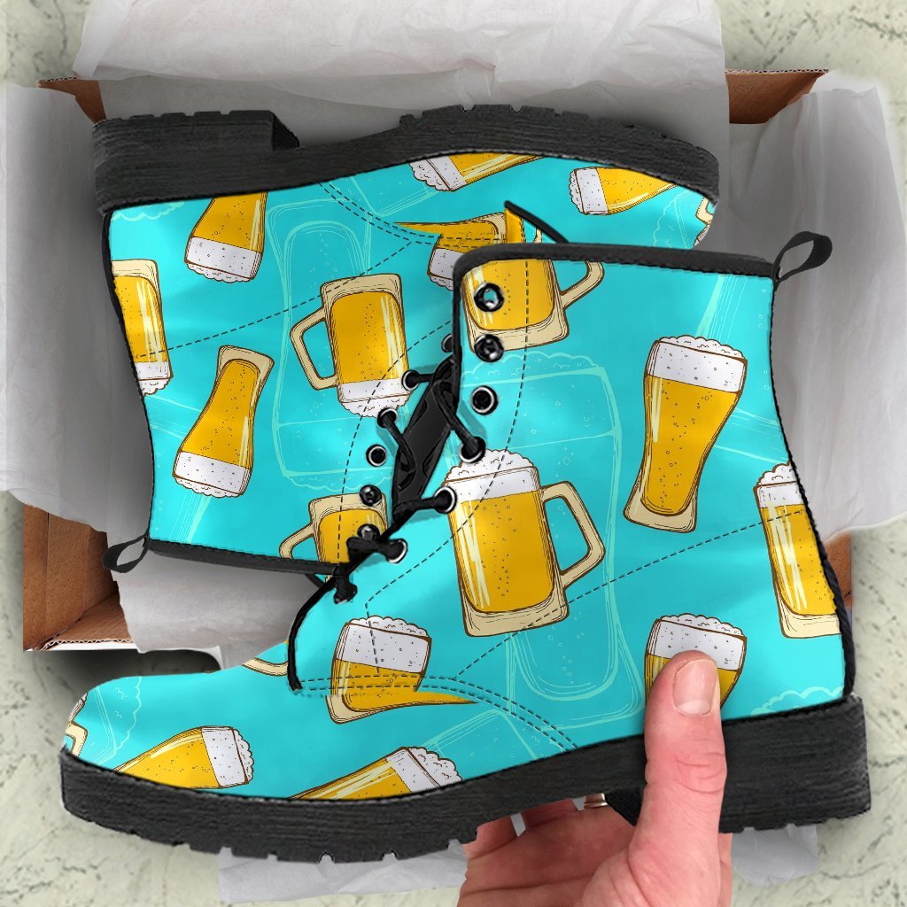 Beer Blue Pattern Print Men Women Leather Boots-grizzshop