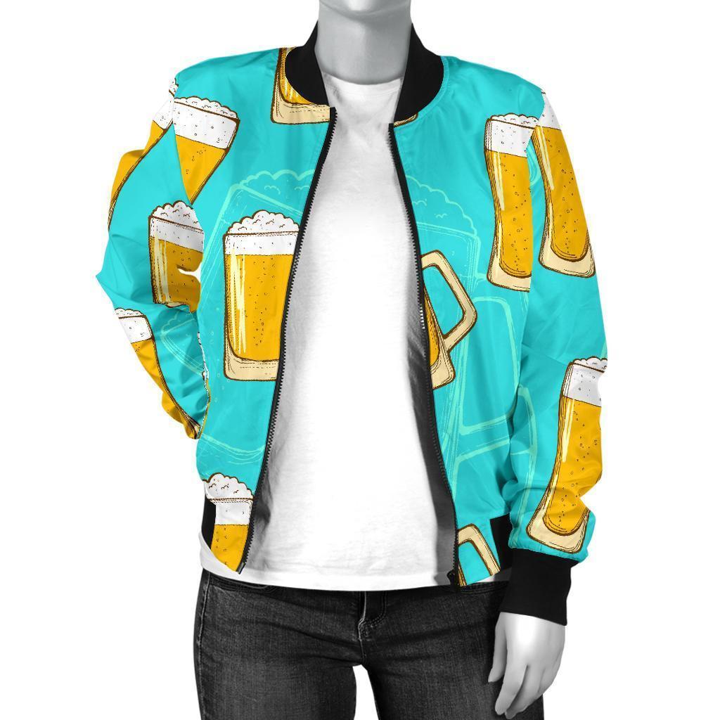 Beer Blue Pattern Print Women Casual Bomber Jacket-grizzshop