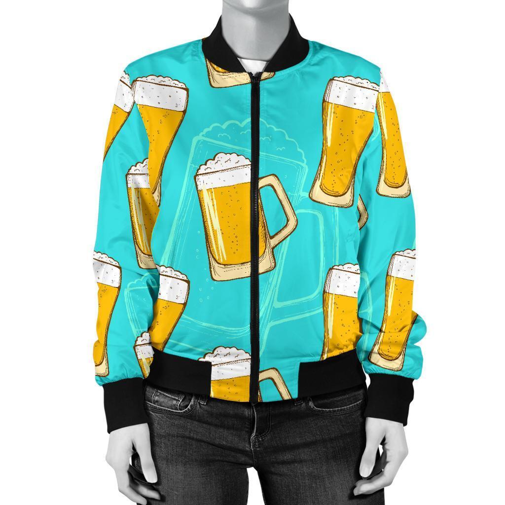Beer Blue Pattern Print Women Casual Bomber Jacket-grizzshop