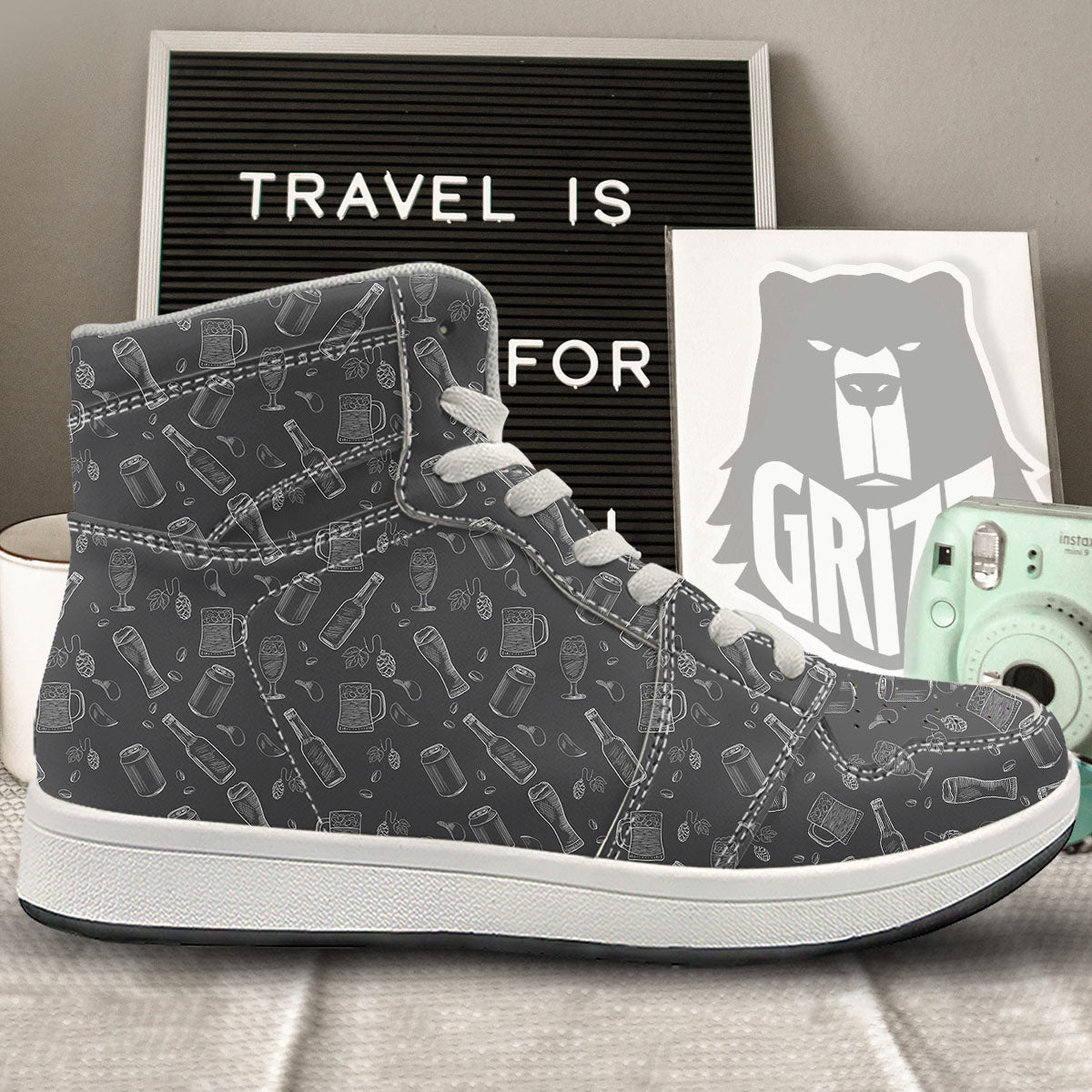 Beer White And Black Print Pattern High Top Sneakers-grizzshop