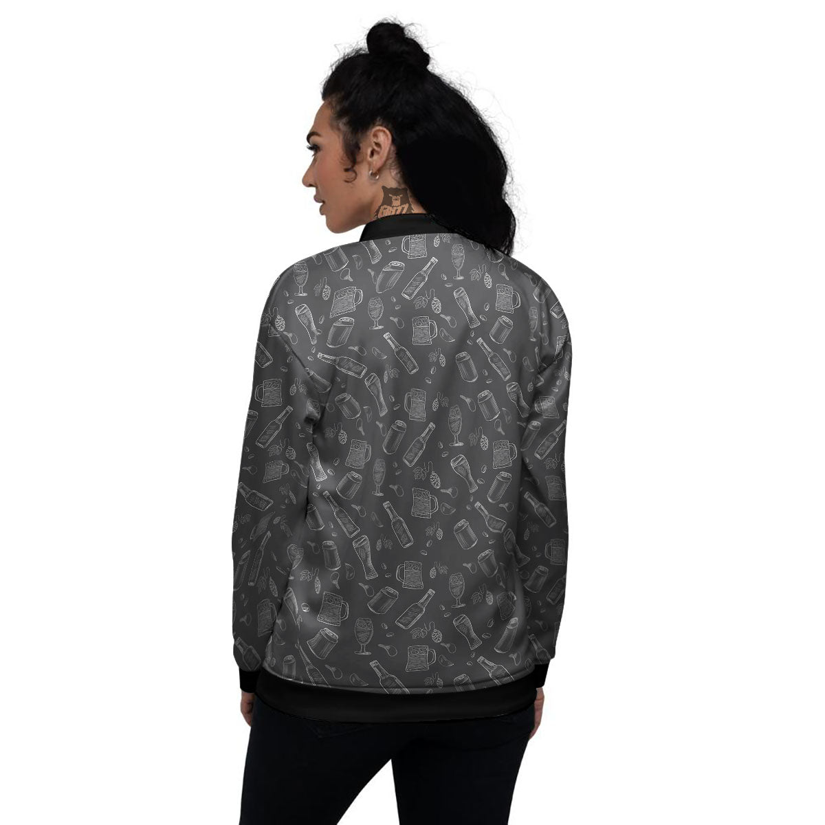 Beer White And Black Print Pattern Women's Bomber Jacket-grizzshop