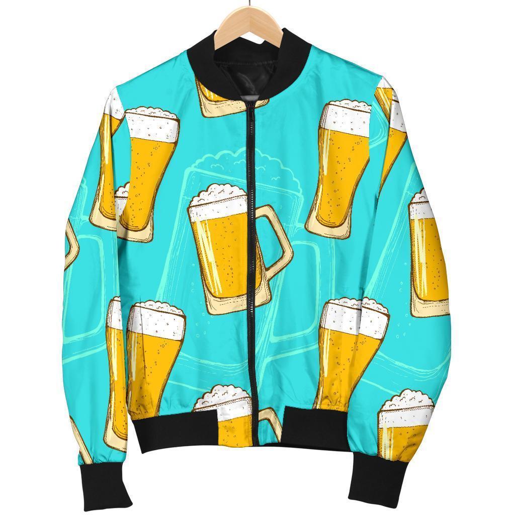 Beer Blue Pattern Print Women Casual Bomber Jacket-grizzshop