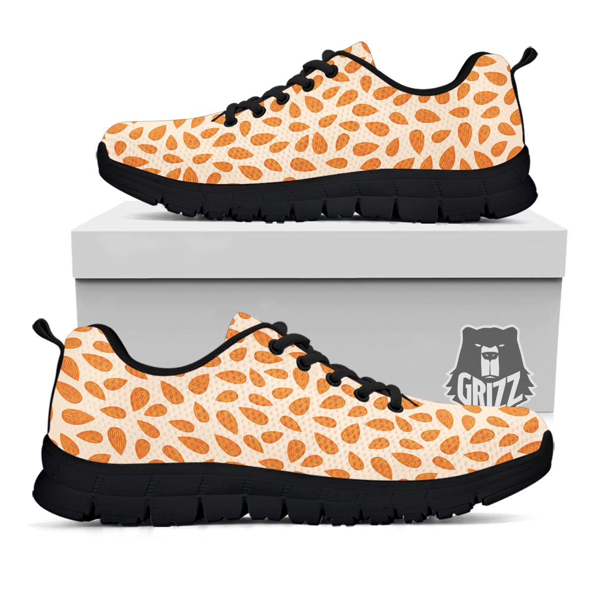 Beige Almond Print Pattern Black Sneaker-grizzshop