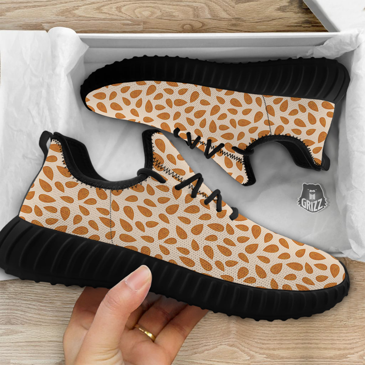 Beige Almond Print Pattern Black Walking Shoes-grizzshop