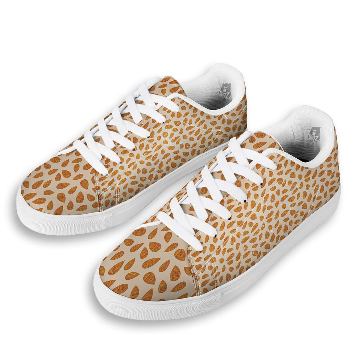 Beige Almond Print Pattern White Low Top Sneakers-grizzshop