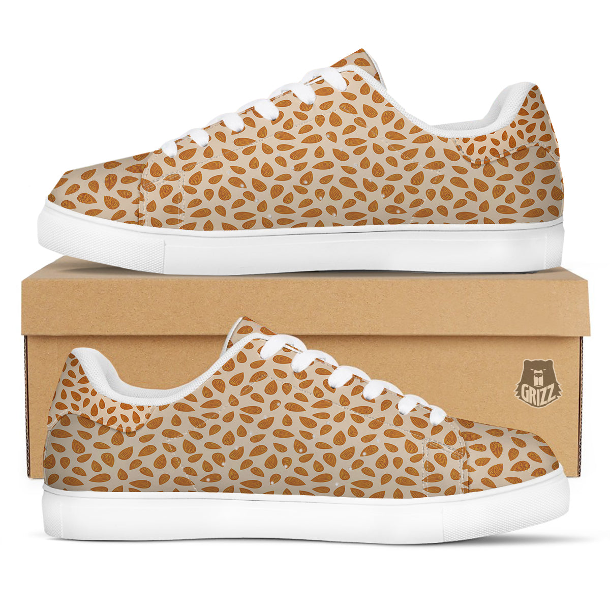 Beige Almond Print Pattern White Low Top Sneakers-grizzshop