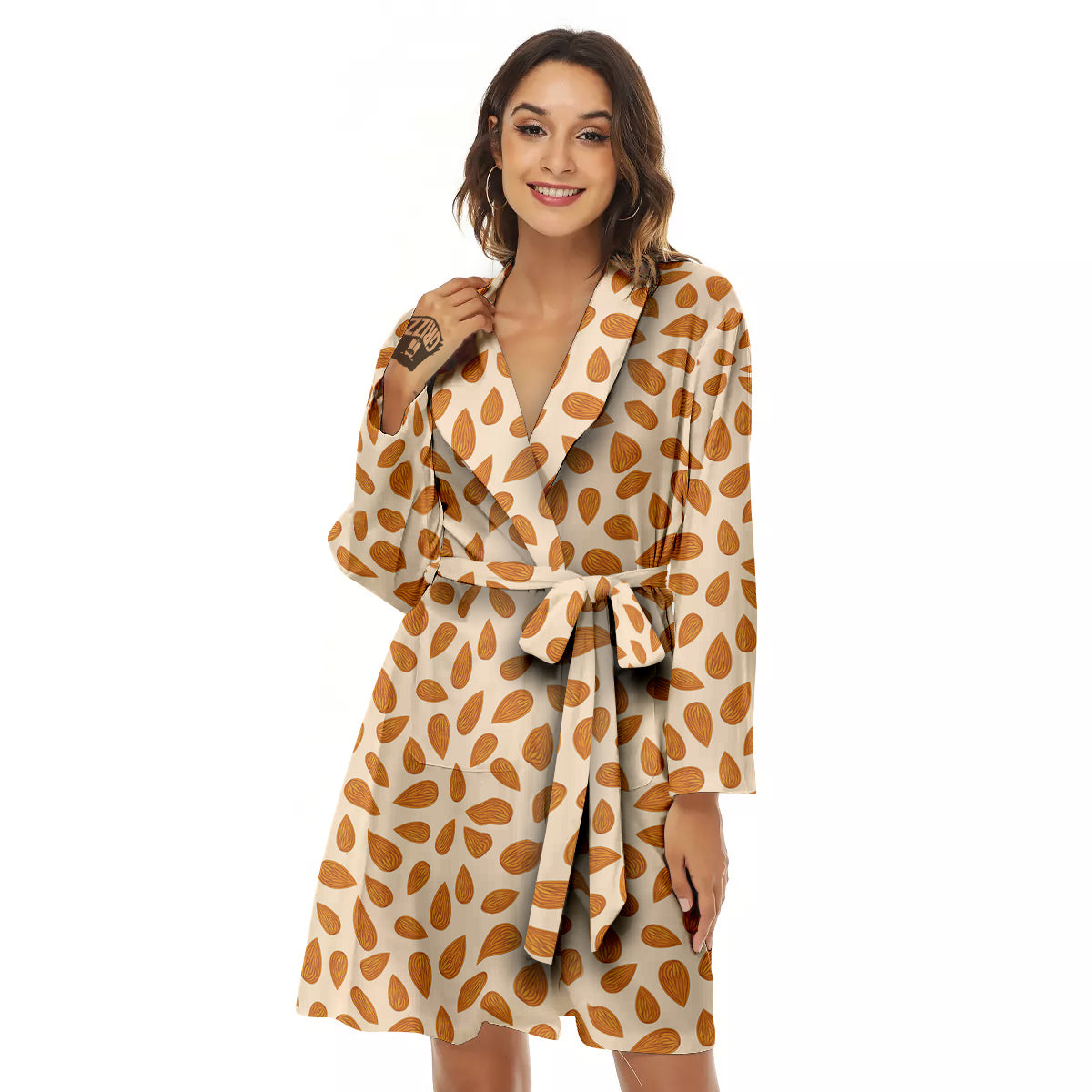 Beige Almond Print Pattern Women's Robe-grizzshop