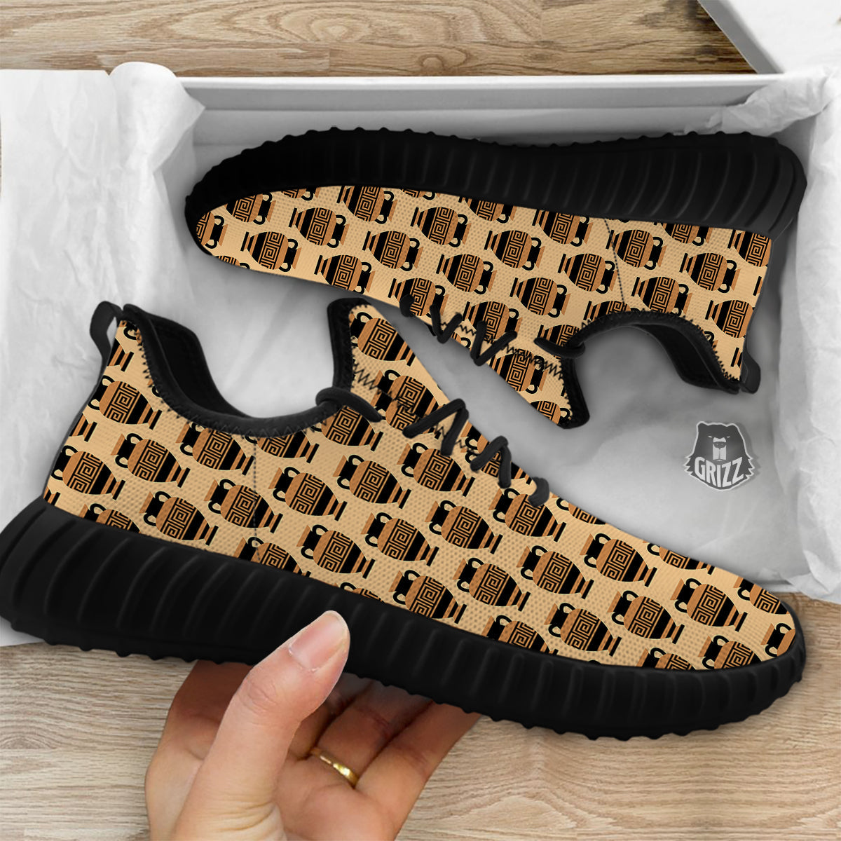 Beige Amphora Greek Print Pattern Black Walking Shoes-grizzshop