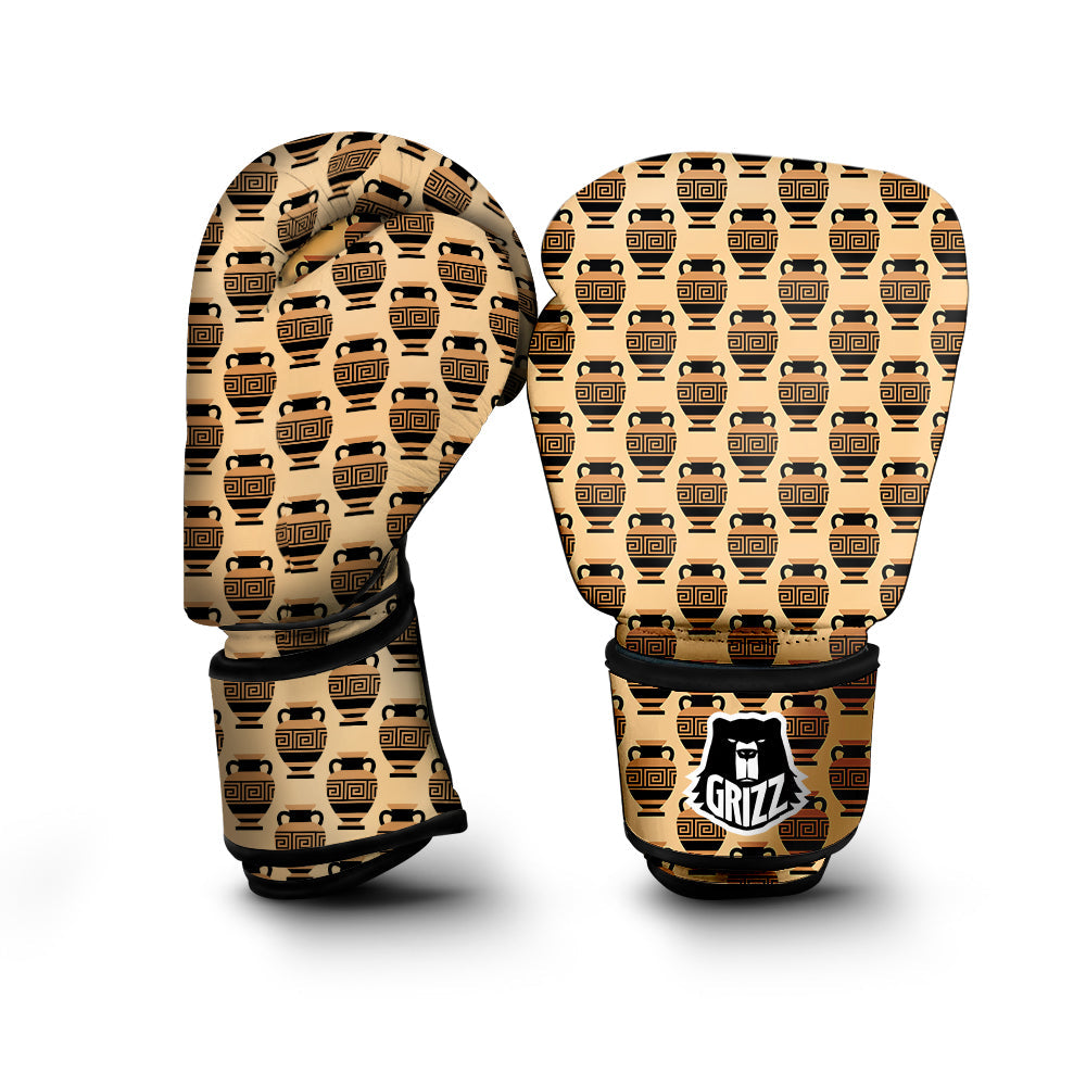 Beige Amphora Greek Print Pattern Boxing Gloves-grizzshop