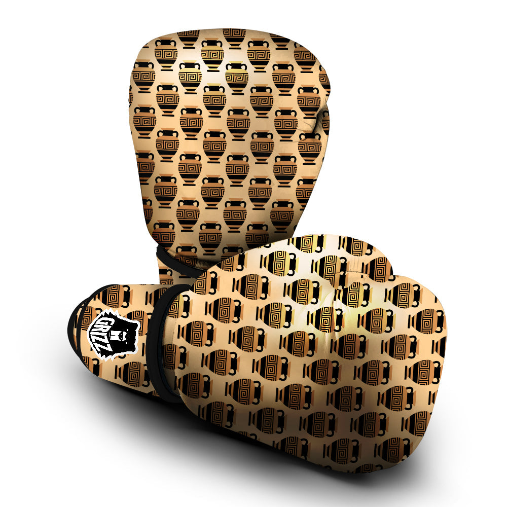 Beige Amphora Greek Print Pattern Boxing Gloves-grizzshop