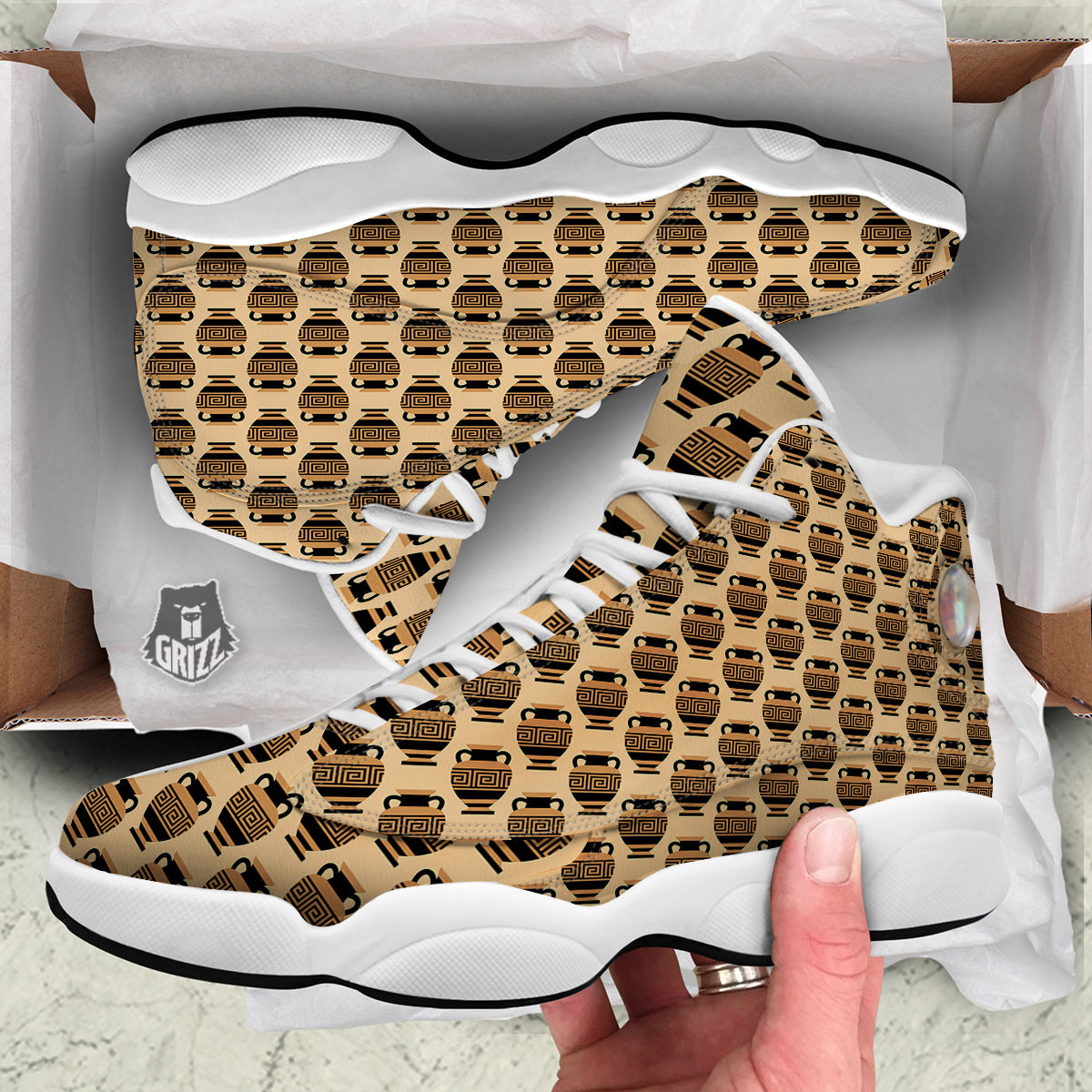 Beige Amphora Greek Print Pattern White Basketball Shoes-grizzshop