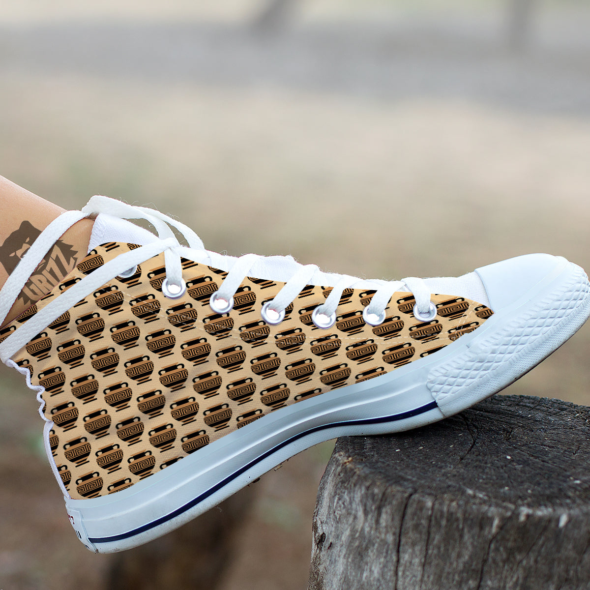 Beige Amphora Greek Print Pattern White High Top Shoes-grizzshop