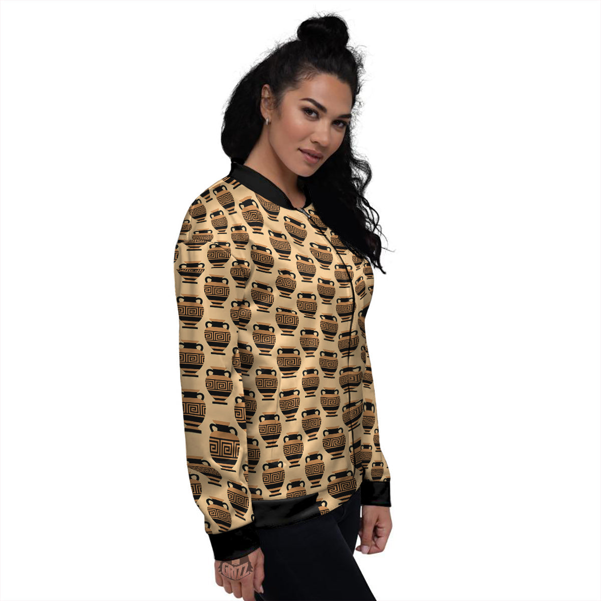Beige Amphora Greek Print Pattern Women's Bomber Jacket-grizzshop