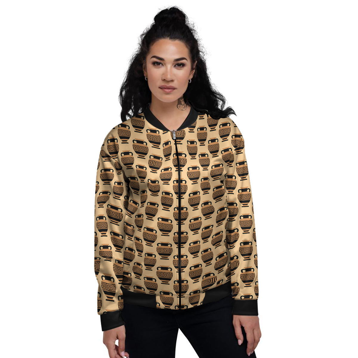 Beige Amphora Greek Print Pattern Women's Bomber Jacket-grizzshop