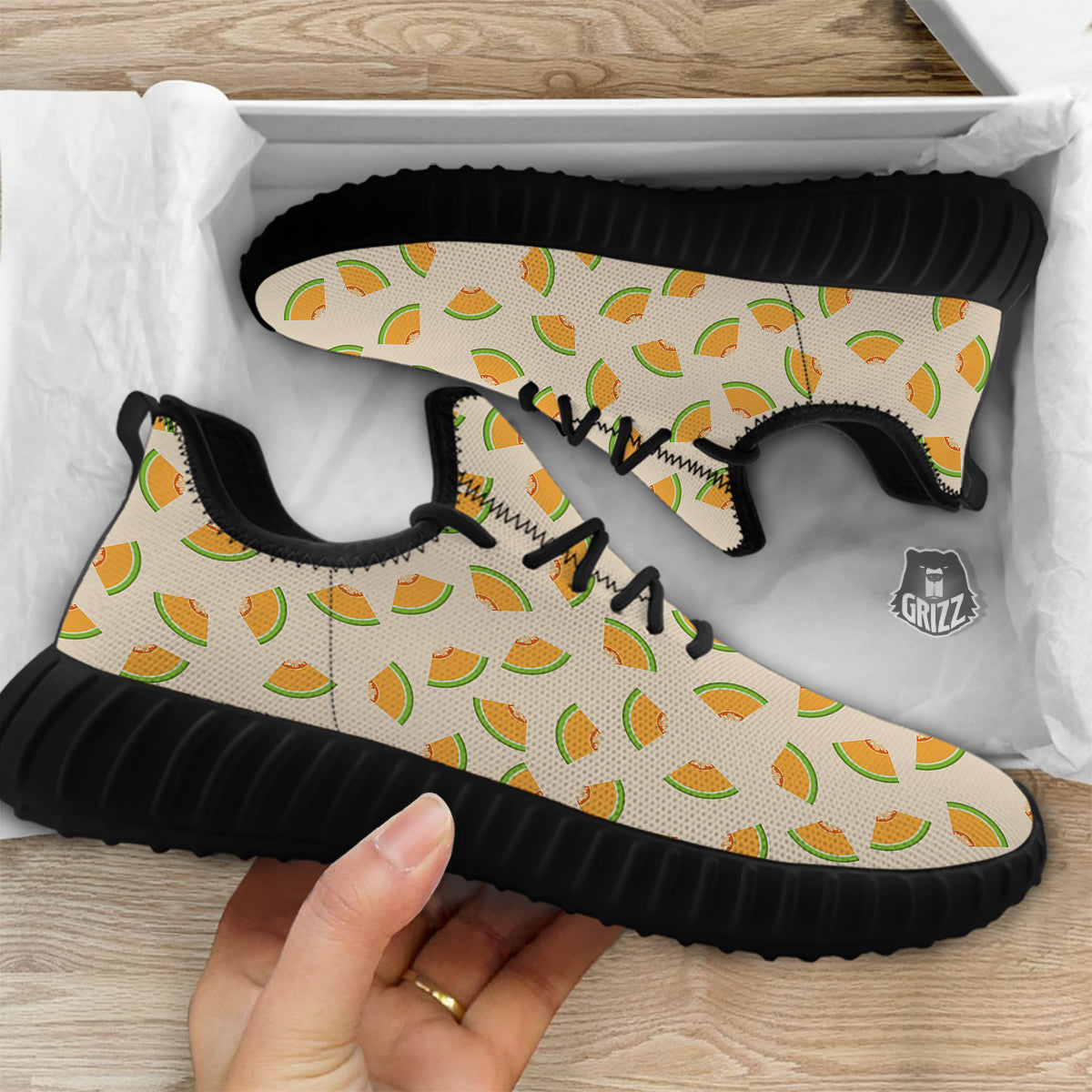 Beige And Melon Print Pattern Black Walking Shoes-grizzshop
