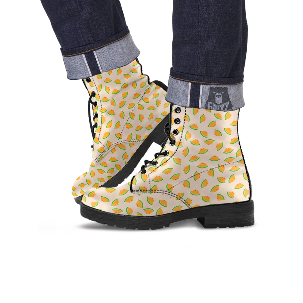 Beige And Melon Print Pattern Leather Boots-grizzshop