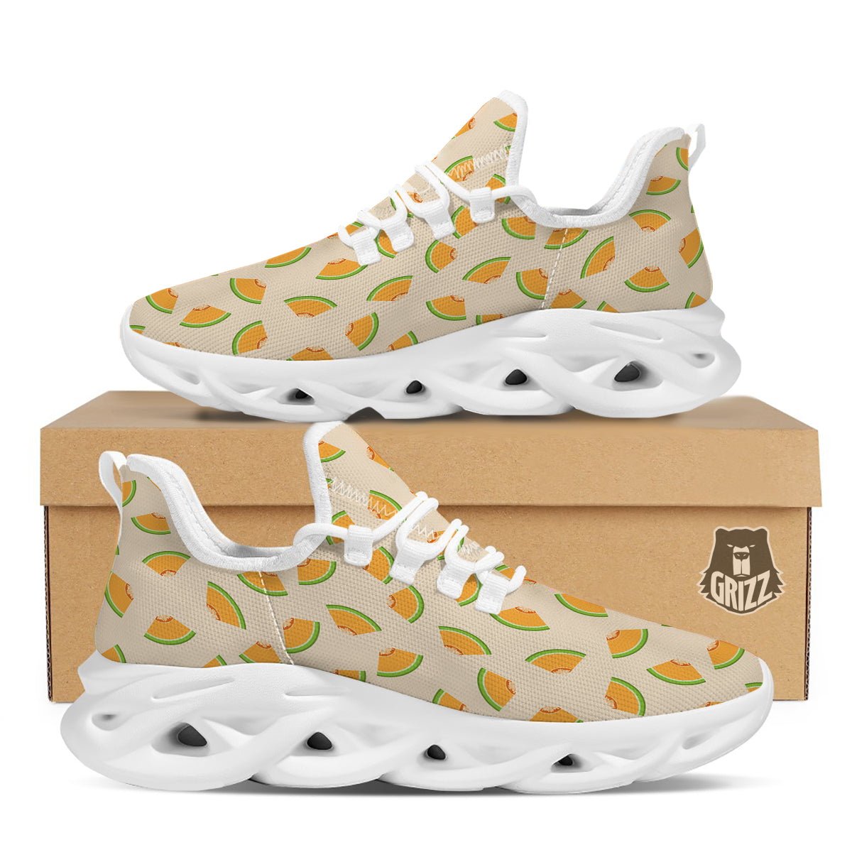 Beige And Melon Print Pattern White Running Shoes-grizzshop