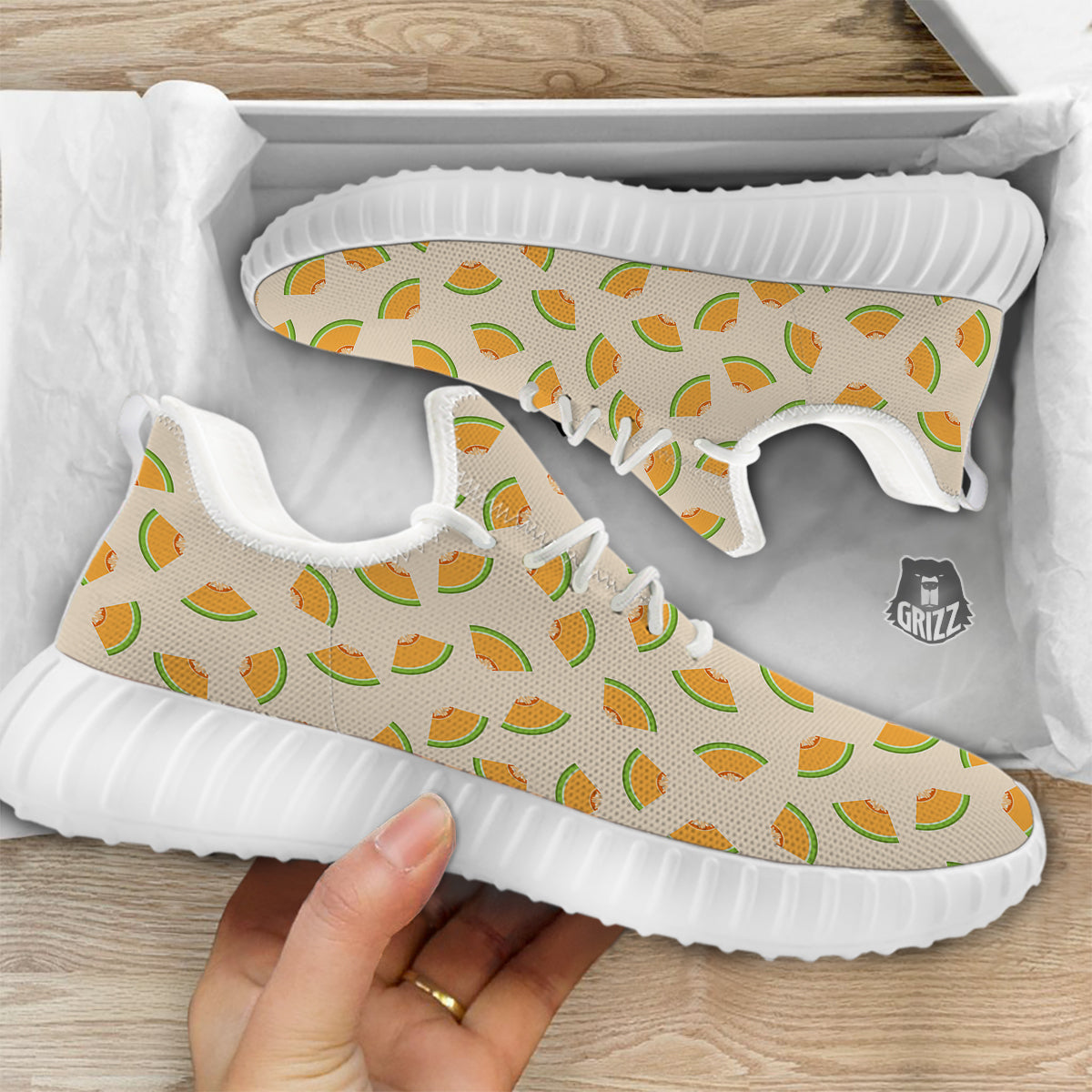 Beige And Melon Print Pattern White Walking Shoes-grizzshop
