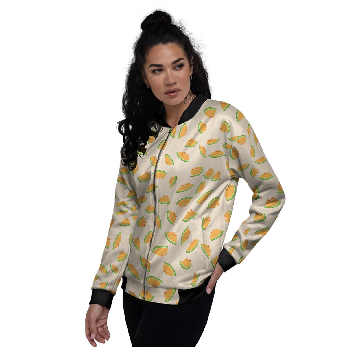 Beige And Melon Print Pattern Women's Bomber Jacket-grizzshop