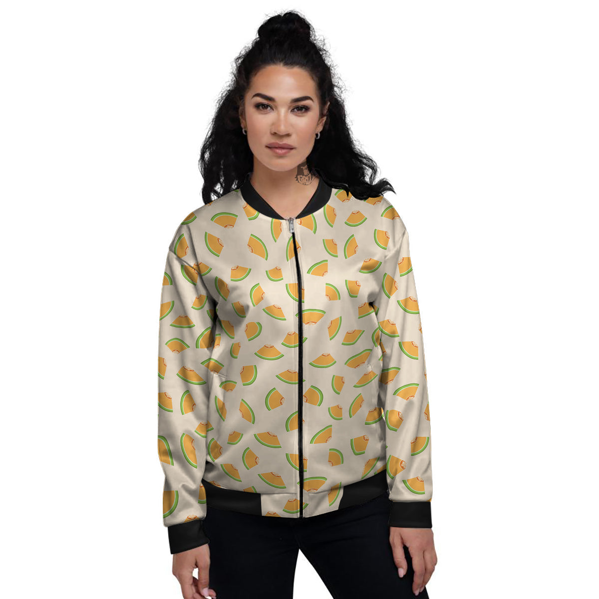 Beige And Melon Print Pattern Women's Bomber Jacket-grizzshop