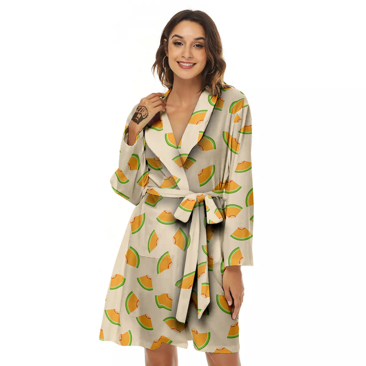 Beige And Melon Print Pattern Women's Robe-grizzshop