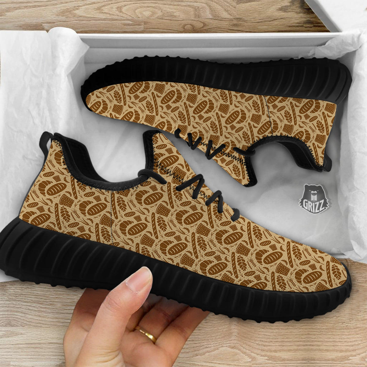 Beige Brown Bakery Print Pattern Black Walking Shoes-grizzshop