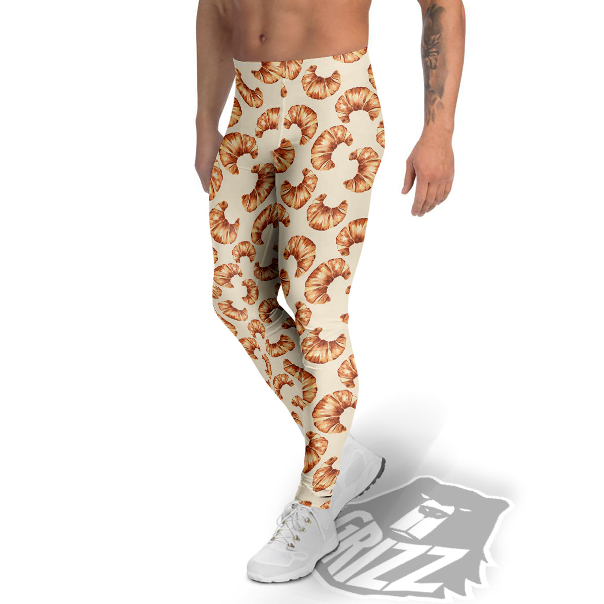 Beige Croissant Watercolor Print Pattern Men's Leggings-grizzshop