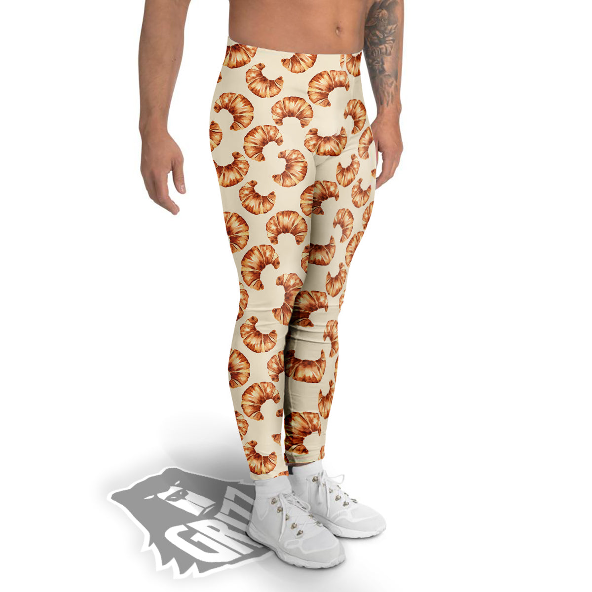 Beige Croissant Watercolor Print Pattern Men's Leggings-grizzshop