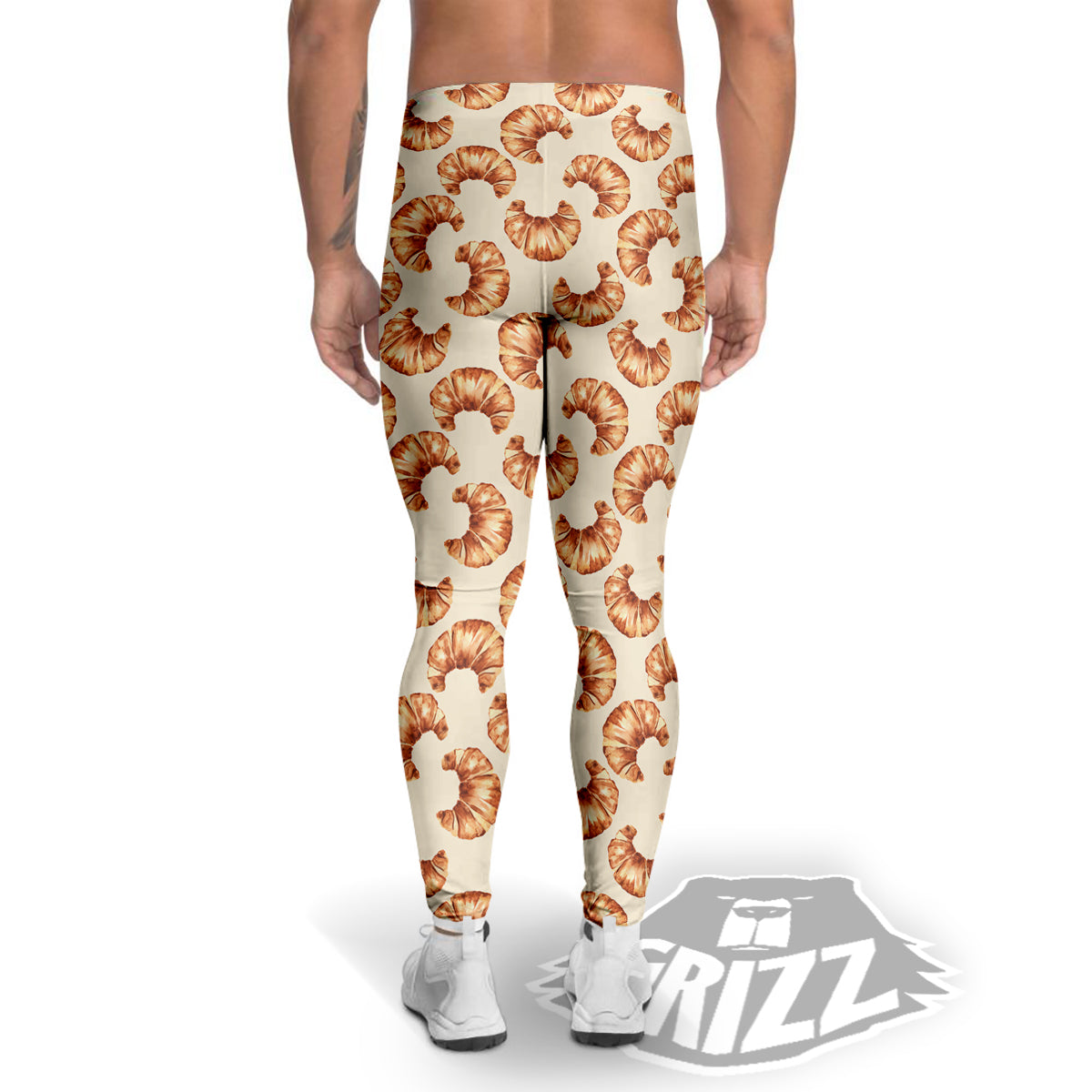 Beige Croissant Watercolor Print Pattern Men's Leggings-grizzshop