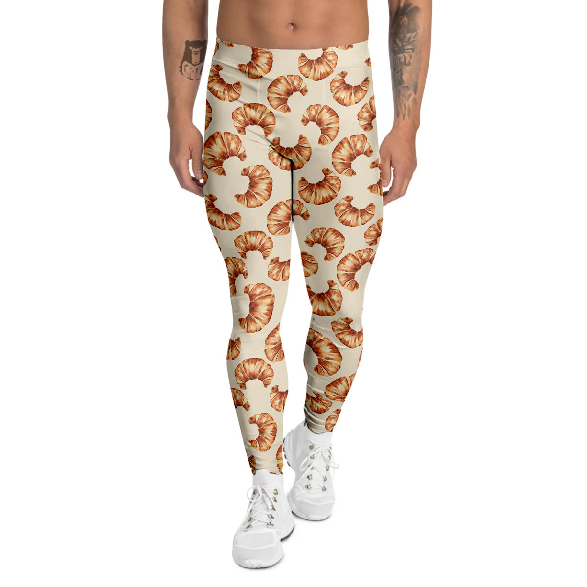 Beige Croissant Watercolor Print Pattern Men's Leggings-grizzshop
