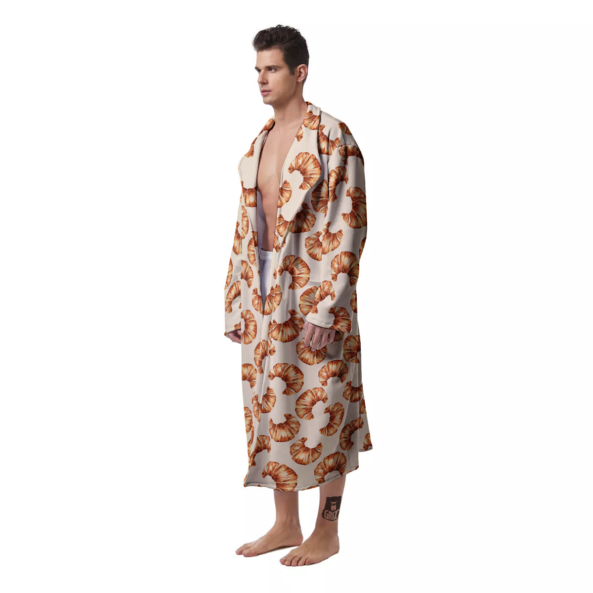 Beige Croissant Watercolor Print Pattern Men's Robe-grizzshop