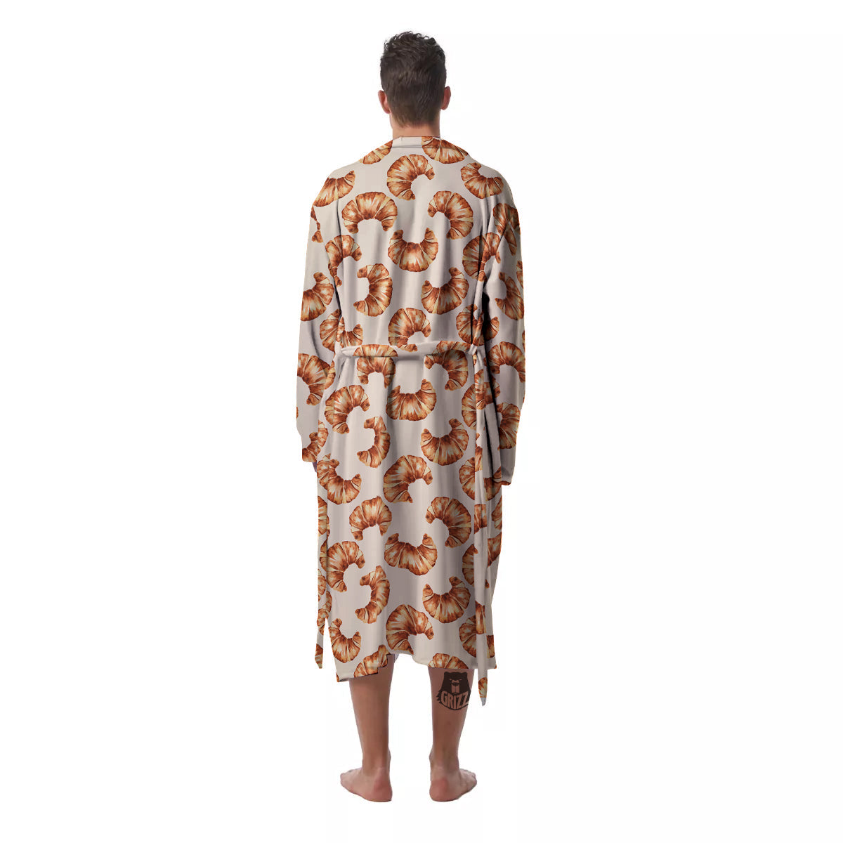 Beige Croissant Watercolor Print Pattern Men's Robe-grizzshop