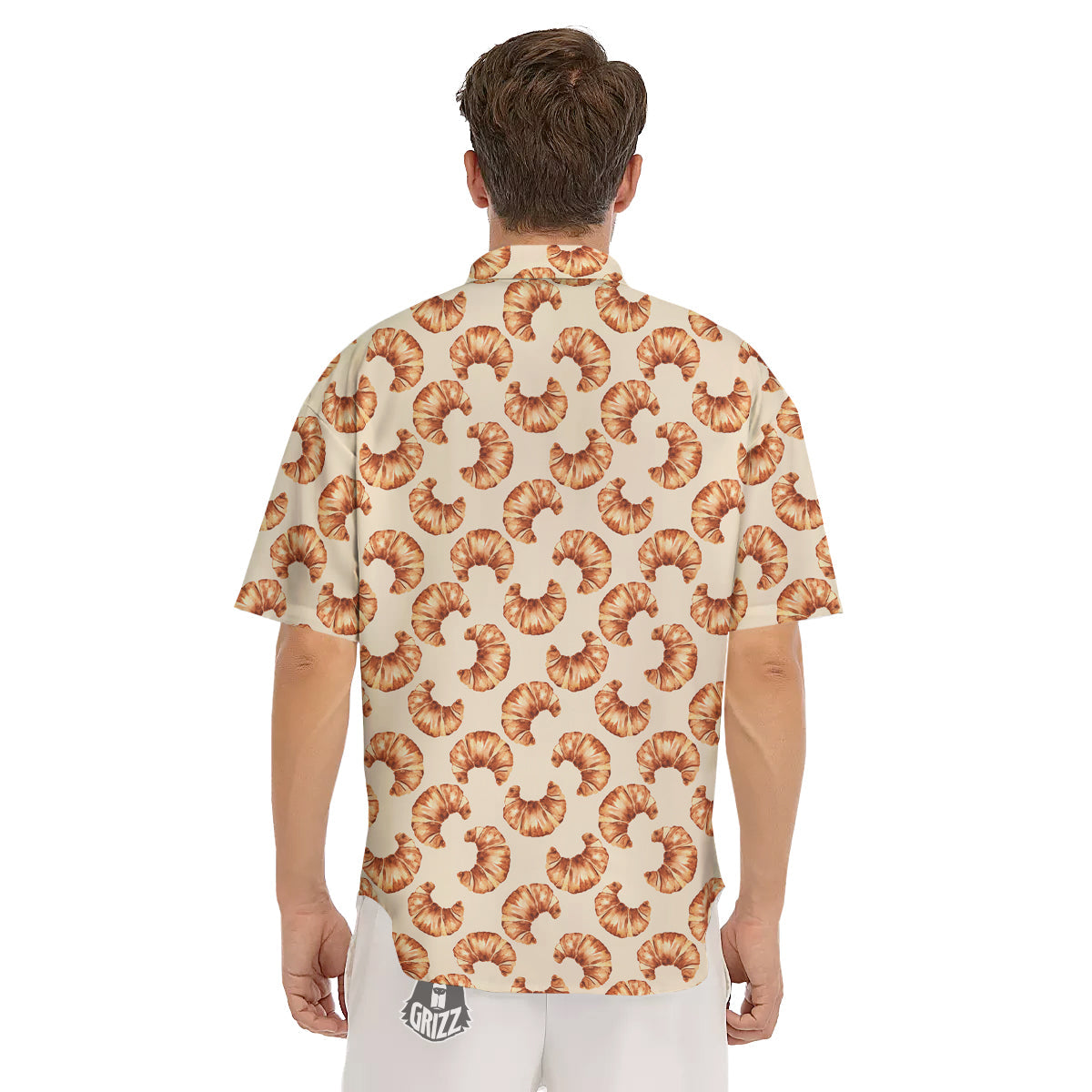 Beige Croissant Watercolor Print Pattern Men's Short Sleeve Shirts-grizzshop