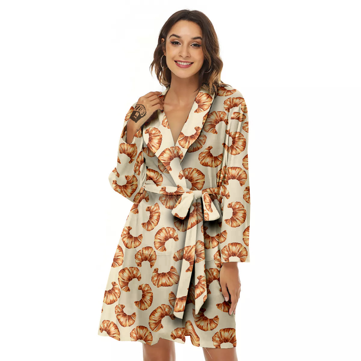 Beige Croissant Watercolor Print Pattern Women's Robe-grizzshop